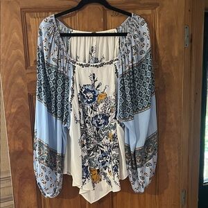 Free People Floral Patchwork Blouse - Blue and White